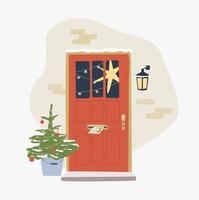 X-Mas decorated home front door. Christmas tree by the house door with Wreath and Deco for party. Postcard, invitation or poser for new year and Merry Christmas. vector