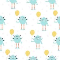 Seamless pattern with cute smiling blue monster holding yellow balloon. Illustration Can be used like print or in typography vector