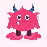 Flat illustration with pink monster with horns, one tooth and big eyes. The illustration can be used like charakter for childish print vector