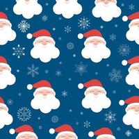 Seamless pattern with smiling Santa on dark blue background with snowflakes. vector