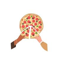 Two hands with triangle pizza piece with salami and cheese. Hands holding cut Italian snack. Whole pizza top view. Flat vector illustration isolated on white background
