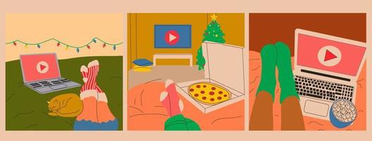 Set of three Woman lies on the bed and watches series. Vector in cartoon style. All elements are isolated