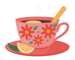 A large cup of black tea with lemon and a leaf of green tea. Vector drawing.