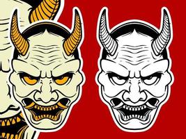 Two scary white Japanese mask elements isolated on red background. vector