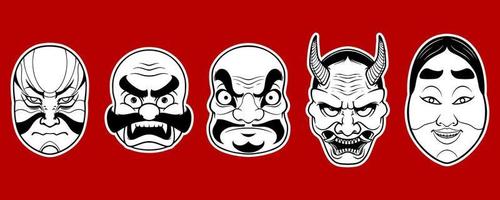 Five scary Japanese white traditional mask elements on red background. vector