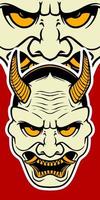 Big white Japanese scary mask elements isolated on red background. vector