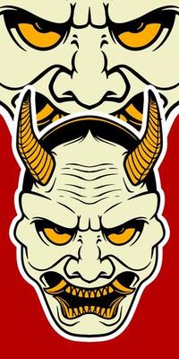 Big white Japanese scary mask elements isolated on red background.