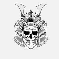 Samurai warrior skull tattoo or Japanese mask and Japan ninja. Japanese samurai warrior skull head with ronin armor sword, kamikaze army shogun demon. vector