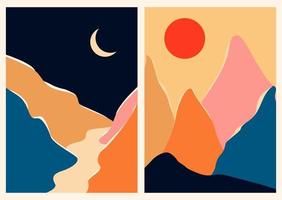 Abstract contemporary landscape posters set. Mid century modern minimalist art print. Boho poster cover. Mountain, hill, lake, sun. Flat design for book cover, poster, banner, brochure, flyer. vector