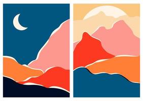 Abstract contemporary landscape posters set. Mid century modern minimalist art print. Boho poster cover. Mountain, hill, lake, sun. Flat design for book cover, poster, banner, brochure, flyer. vector