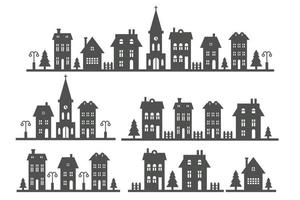 Suburban neighborhood landscape. Silhouette of houses and church on the skyline. Countryside cottage homes. Glyph vector illustration.