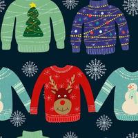 Seamless pattern with ugly sweaters illustration on a dark background with snowflakes vector