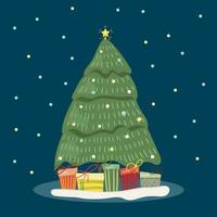 Christmas card with Christmas tree and gifts vector