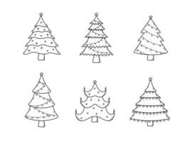 Christmas trees doodle set, vector illustration of decorated Christmas trees.