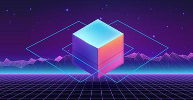 Futuristic 3D background. Geometric shapes floating on a neon checkered background. The concept of modern communications. vector