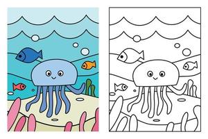 Jellyfish and deep ocean coloring page for kids drawing education. Simple cartoon illustration in fantasy theme for coloring book