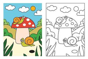 Snail and big mushroom coloring page for kids drawing education. Simple cartoon illustration in fantasy theme for coloring book vector