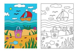 Simple beach landscape coloring page for kids drawing education. Simple cartoon illustration in fantasy theme for coloring book