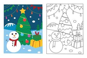 Snowman and Christmas pine tree coloring page for kids drawing education. Simple cartoon illustration in fantasy theme for coloring book