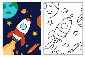 Simple Rocket in space coloring page for kids drawing education. Simple cartoon illustration in fantasy theme for coloring book vector
