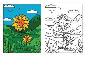 Cute sunflower in beautiful landscape coloring page for kids drawing education. Simple cartoon illustration in fantasy theme for coloring book vector