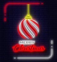 Merry Christmas neon glowing red and white. hanging ball decoration. isolated on the background of a dark brick wall. vector