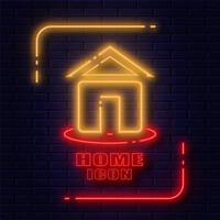 home icon. modern design with glowing red and orange neon stripes, isolated on a dark brick wall background. vector