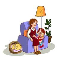 mother and daughter talking on sofa vector illustration