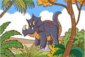 dinosaurio feliz de dibujos animados en la selva vector