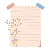 Notebook sheet with dried flower, washi tape. Hand drawn vector illustration. Isolated on white background