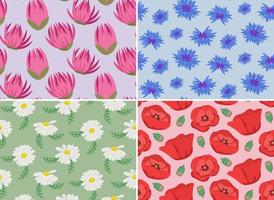 Set of seamless patterns with wildflowers. Nature textures in cartoon style. vector