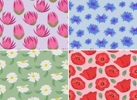 Set of seamless patterns with wildflowers. Nature textures in cartoon style. vector