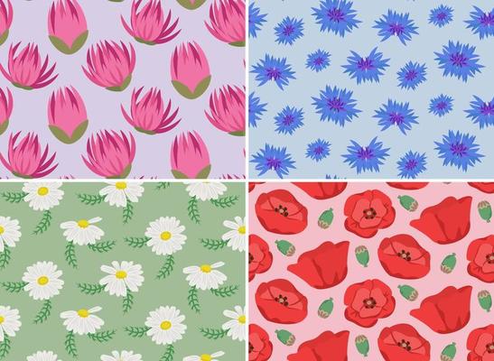 Set of seamless patterns with wildflowers. Nature textures in cartoon style.