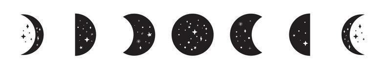 Moon phases silhouettes with stars. Crescent, new, full, surface and eclipse. vector