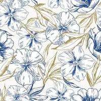 Seamless floral botanical pattern with leaves and flowers. Vintage Engraving floral background. Blue. vector
