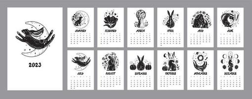 Cute calendar 2023 with rabbits, astrological, esoteric elements. Moon, stars. Black bunny symbol. vector