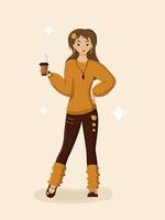 chica de pie con café. ilustración vectorial mujer con suéter de rayas naranjas y pantalones marrones. vector