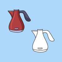 A set of images, a tall red metal kettle for boiling water, a vector illustration in cartoon style on a colored background