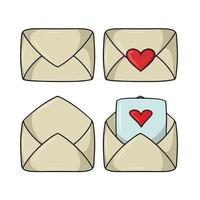 A set of colored icons, a romantic vintage envelope, a letter for a declaration of love, a vector illustration in cartoon style on a white background