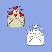 A set of images, a romantic open envelope with hearts, a letter for a declaration of love, a vector illustration in cartoon style on a colored background