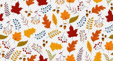 Autumn seamless pattern with berry, plants, leaves, acorns. Charming autumn pattern. Seamless pattern on an autumn theme. Hand drawn. Vector illustration