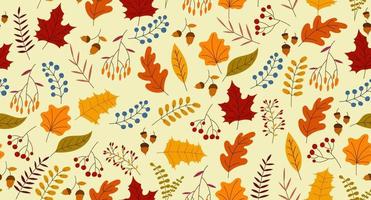 Autumn seamless pattern with berry, plants, leaves, acorns. Charming autumn pattern. Seamless pattern on an autumn theme. Hand drawn. Vector illustration