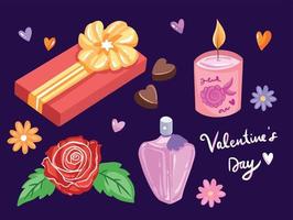 regalo femenino de rosa, vela de aromaterapia, perfume, flor y chocolate. ilustración vectorial con colección de conjuntos de dibujo de estilo plano para regalo de san valentín