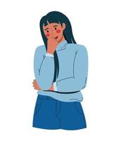 una mujer joven y hermosa en contemplación. con una blusa moderna azul y pantalones azules. ilustración vectorial fondo blanco plano aislado vector