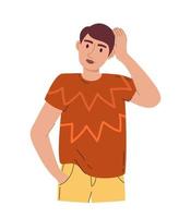 A young handsome man holds his head and solves the problem. In a brown Tshirt and yellow trousers. Vector illustration of a flat isolated white background