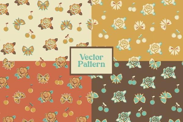 Set of floral rose flower and cherry fruit with ribbon vector seamless repeat pattern