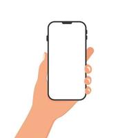 The hand holds a smartphone on a white background. Flat vector illustration. Phone template in hand.