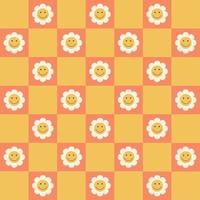 Retro chessboard seamless pattern with smiley daisies. Colorful fashion vector illustration in 70s, 80s, 90s style. Chamomile pattern.