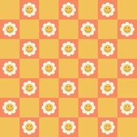 Retro chessboard seamless pattern with smiley daisies. Colorful fashion vector illustration in 70s, 80s, 90s style. Chamomile pattern.