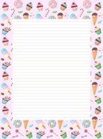 Paper for notes on the background of sweets, cupcakes, ice cream in a line. For diary. Blank for birthday. Form in a line. vector